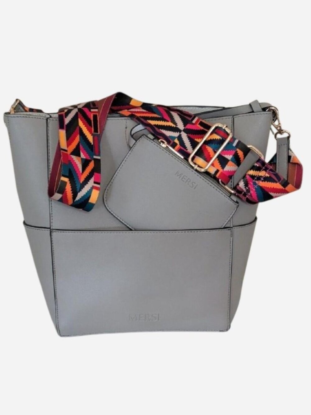 MERSI Gray Vegan Leather Tote Bag Multicolor Adjustable Strap